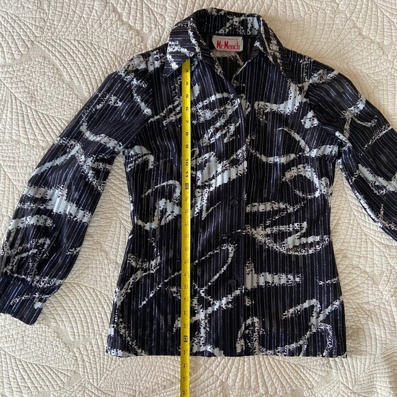 VTG 70s Disco Black/White/Metallic Butterfly Collar Long Sleeve Blouse Mr. Mench - Picture 10 of 11